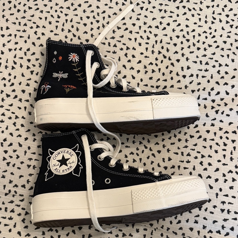 Converse Black and White High-Tops with Floral Embroidery